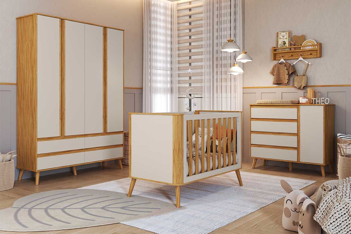 Quarto Infantil Completo Theo 3 Peças (1GuardaRoupa+1Berço+1Cômoda) QI110 Peroba