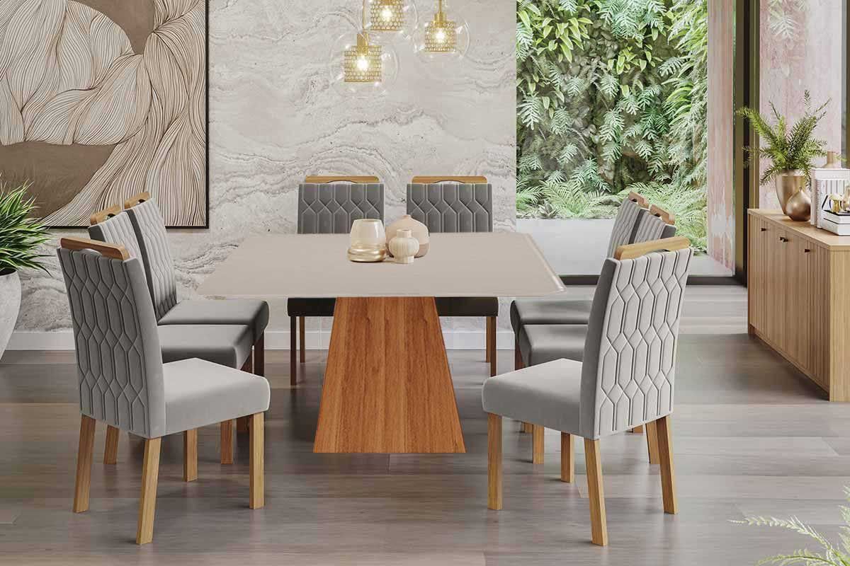 Sala Jantar Mesa Helena Tampo Madeirado c/ Vidro 210x100cm e 8 Cadeiras Paola - Cimol