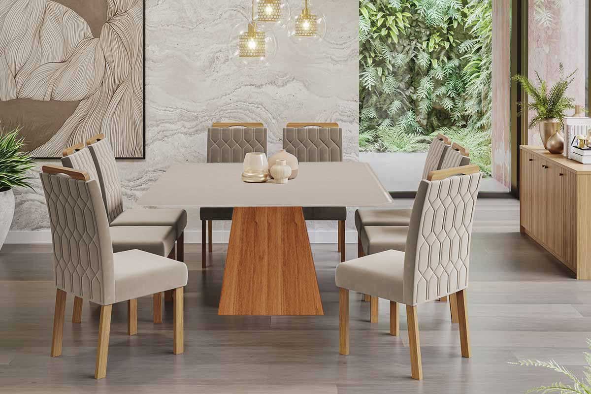 Sala Jantar Mesa Helena Tampo Madeirado c/ Vidro 210x100cm e 8 Cadeiras Paola - Cimol