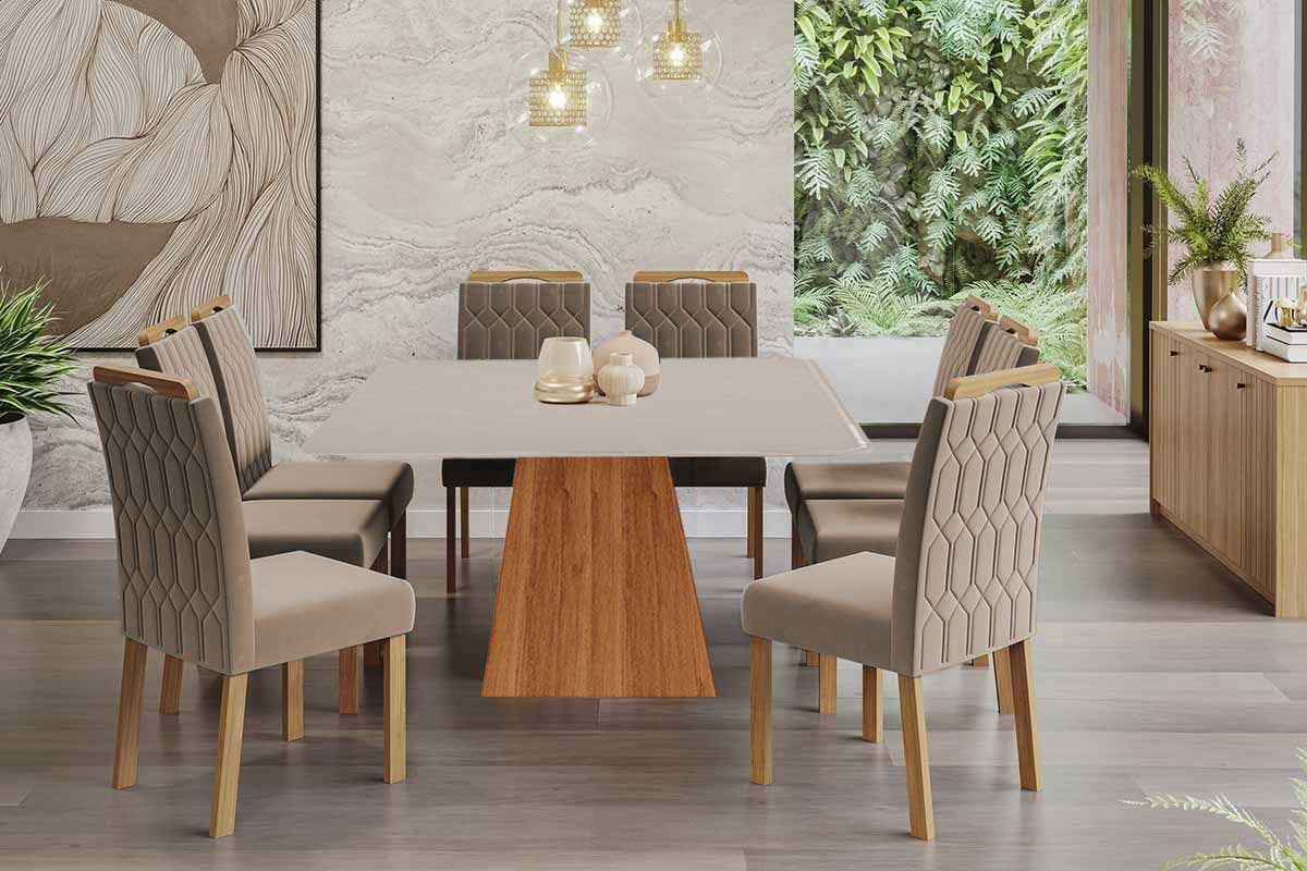 Sala Jantar Mesa Helena Tampo Madeirado c/ Vidro 210x100cm e 8 Cadeiras Paola - Cimol