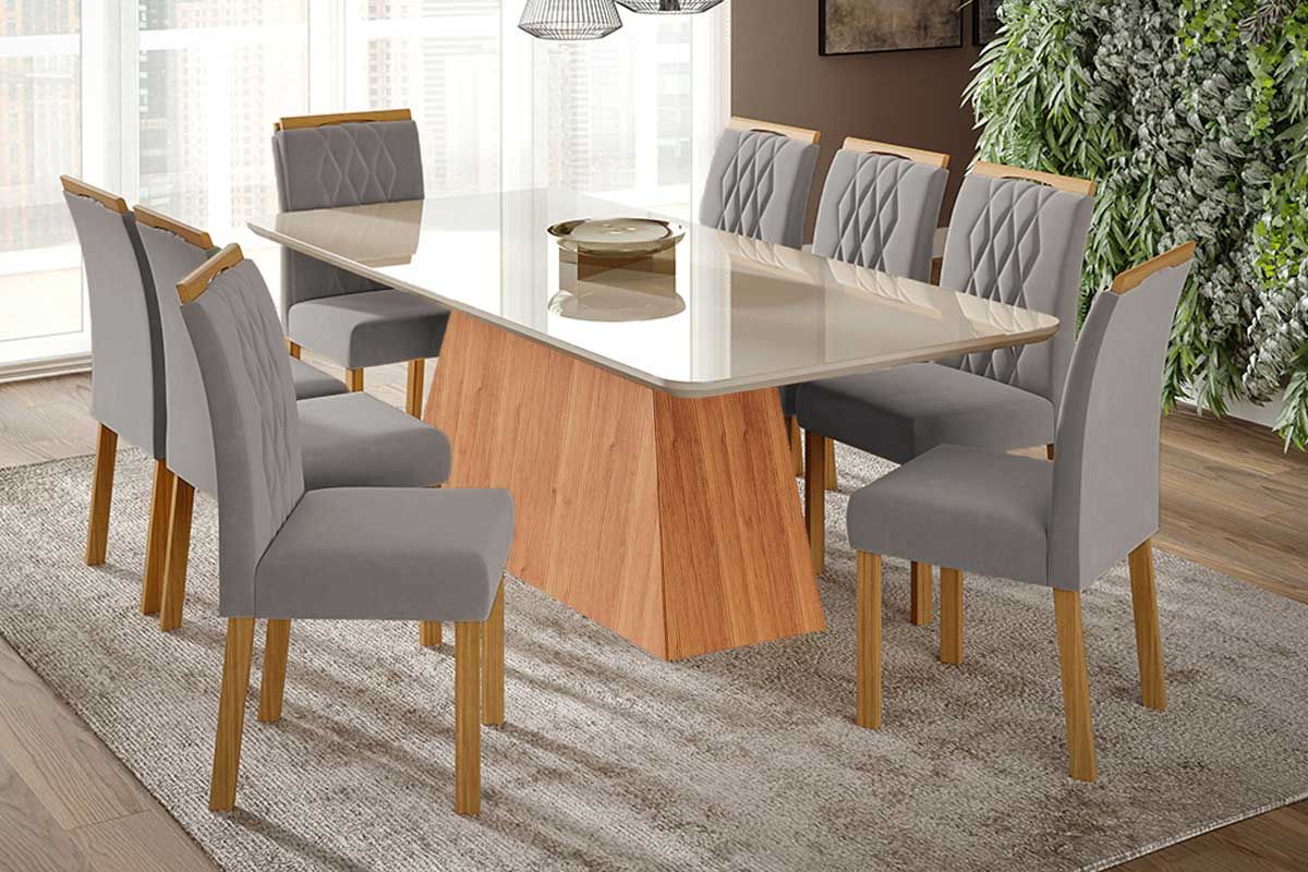 Sala Jantar Mesa Helena Tampo Madeirado c/ Vidro 210x100cm e 8 Cadeiras Juliana - Cimol