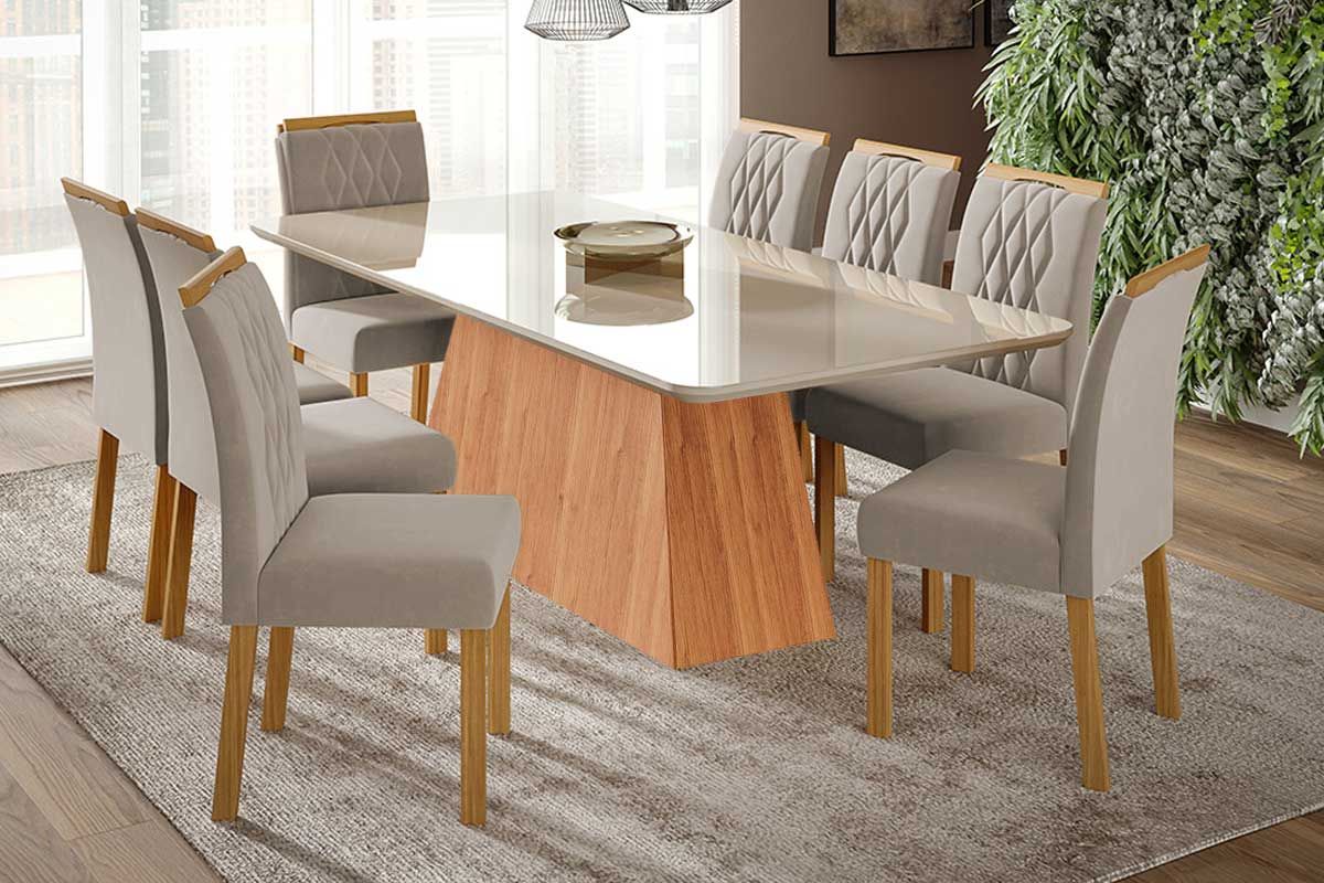 Sala Jantar Mesa Helena Tampo Madeirado c/ Vidro 210x100cm e 8 Cadeiras Juliana - Cimol