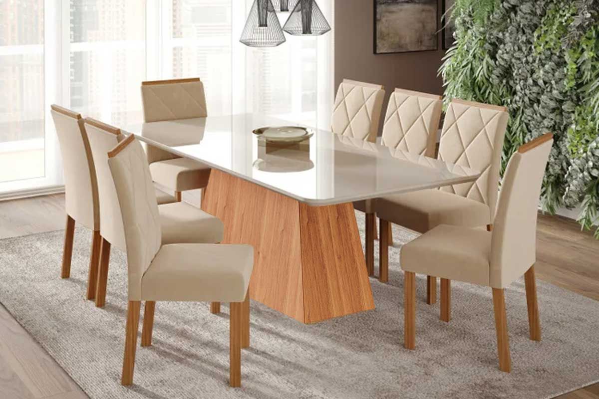 Sala Jantar Mesa Helena Tampo Madeirado c/ Vidro 210x100cm e 8 Cadeiras Fernanda - Cimol