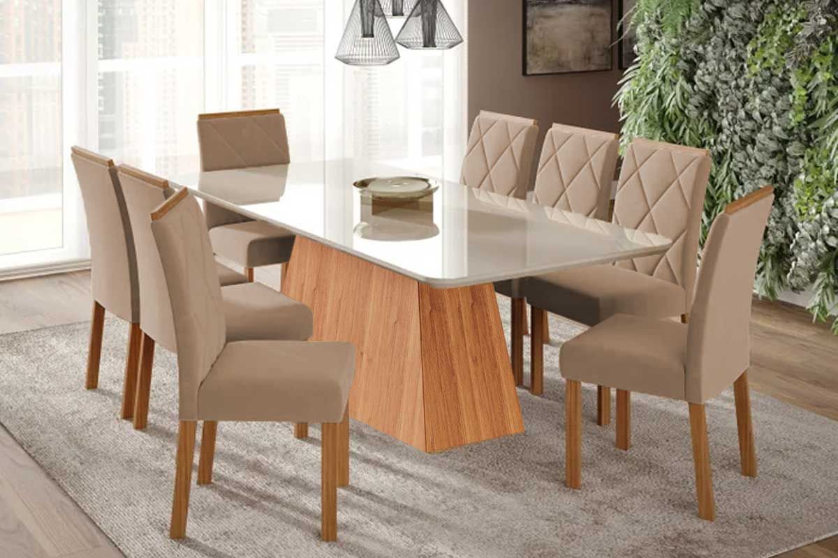 Sala Jantar Mesa Helena Tampo Madeirado c/ Vidro 210x100cm e 8 Cadeiras Fernanda - Cimol