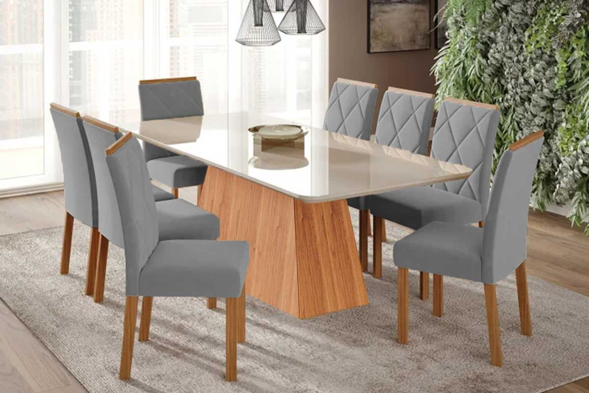 Sala Jantar Mesa Helena Tampo Madeirado c/ Vidro 210x100cm e 8 Cadeiras Fernanda - Cimol