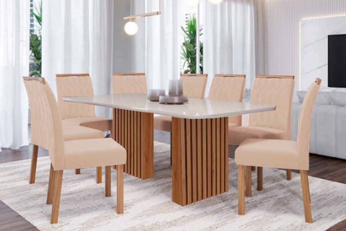 Sala Jantar Mesa Ester Tampo Madeirado c/ Vidro 210x100cm e 8 Cadeiras Paola - Cimol