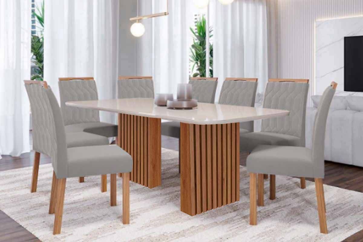 Sala Jantar Mesa Ester Tampo Madeirado c/ Vidro 210x100cm e 8 Cadeiras Paola - Cimol