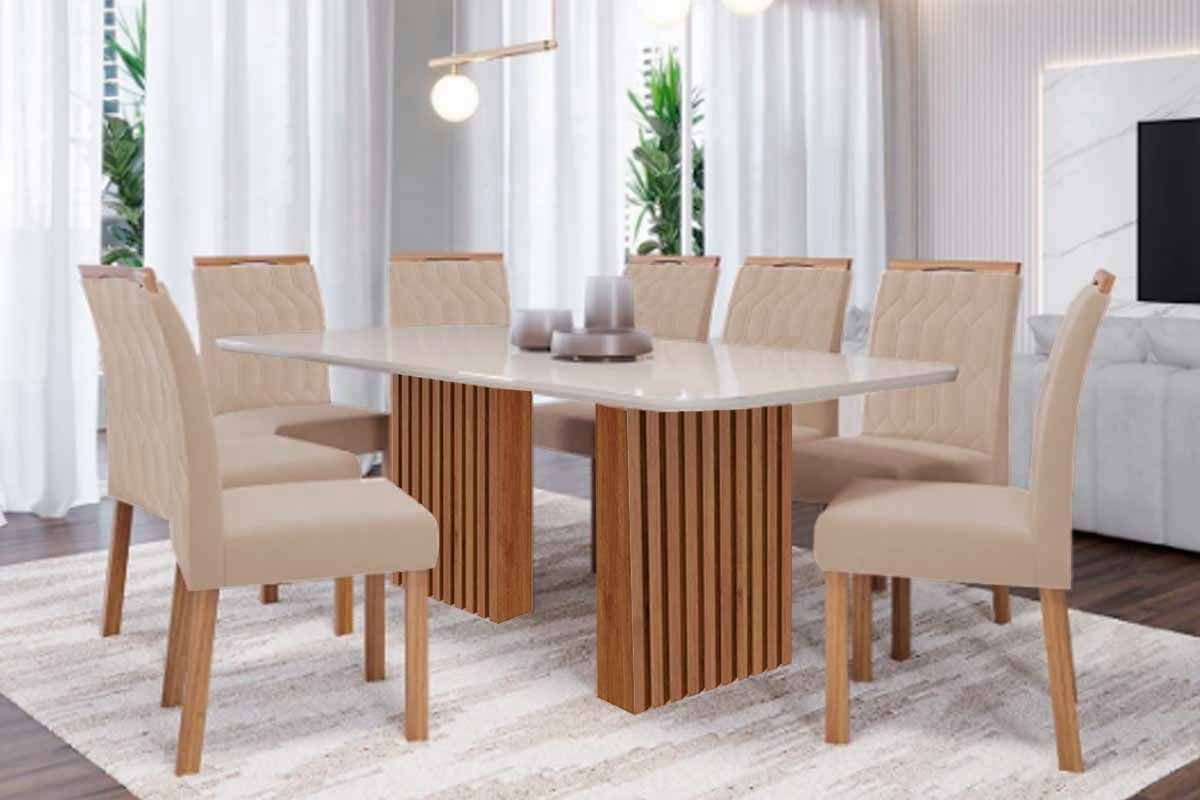 Sala Jantar Mesa Ester Tampo Madeirado c/ Vidro 210x100cm e 8 Cadeiras Paola - Cimol