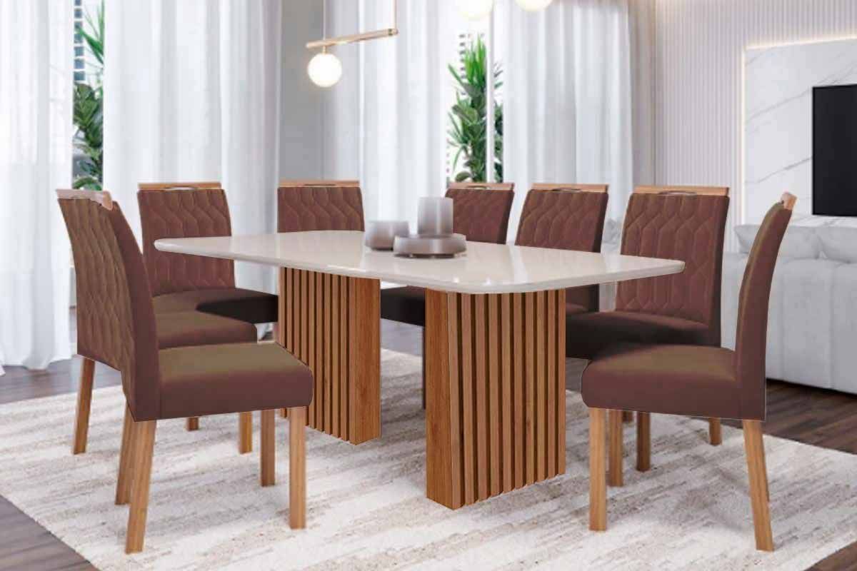 Sala Jantar Mesa Ester Tampo Madeirado c/ Vidro 210x100cm e 8 Cadeiras Paola - Cimol