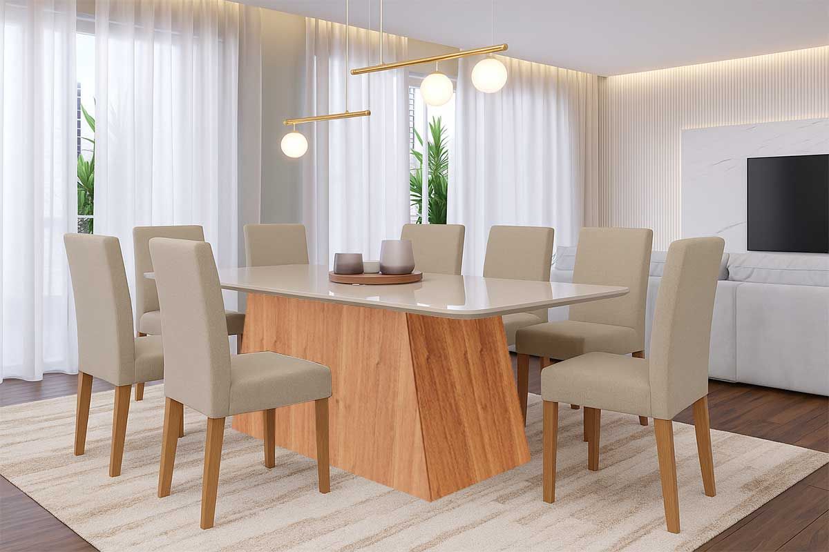Sala Jantar Mesa Helena Tampo Madeirado c/ Vidro 210x100cm e 8 Cadeiras Maia - Cimol