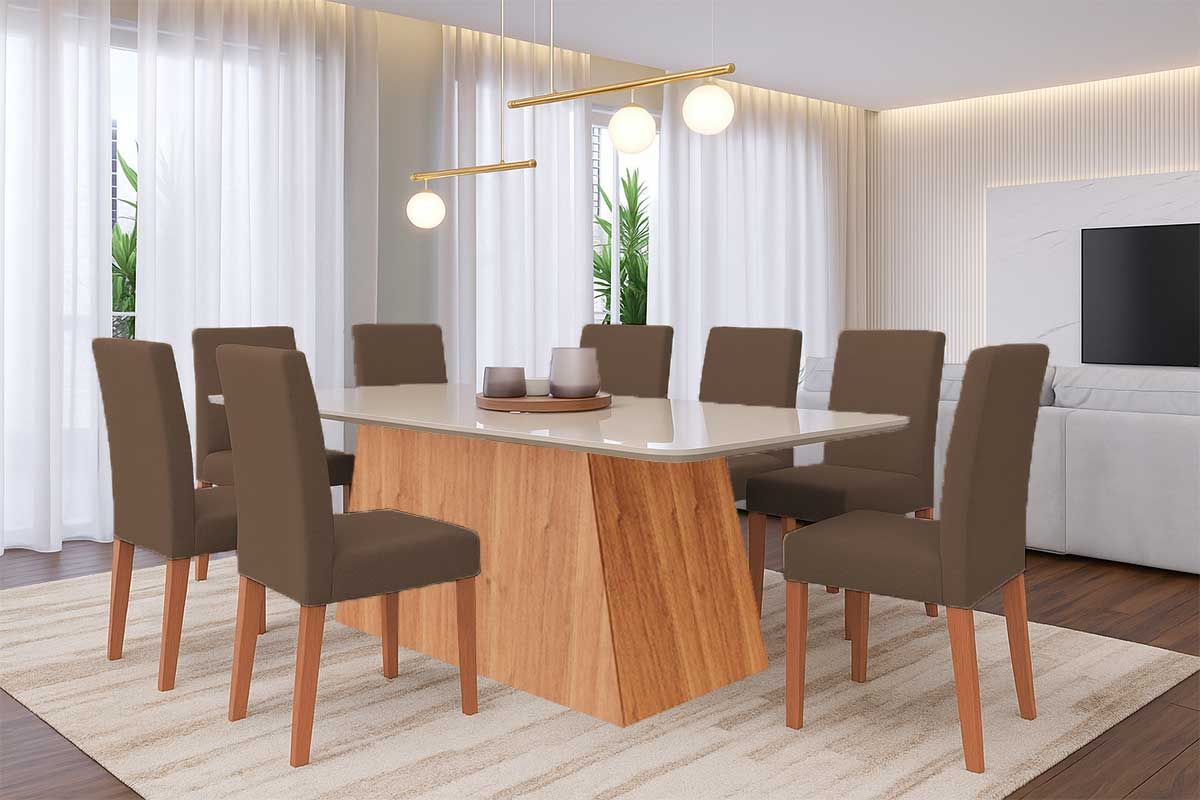 Sala Jantar Mesa Helena Tampo Madeirado c/ Vidro 210x100cm e 8 Cadeiras Maia - Cimol