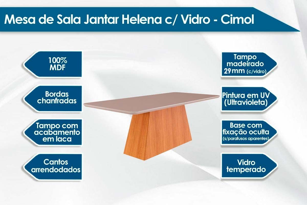 Sala Jantar Mesa Helena Tampo Madeirado c/ Vidro 210x100cm e 8 Cadeiras Maia - Cimol