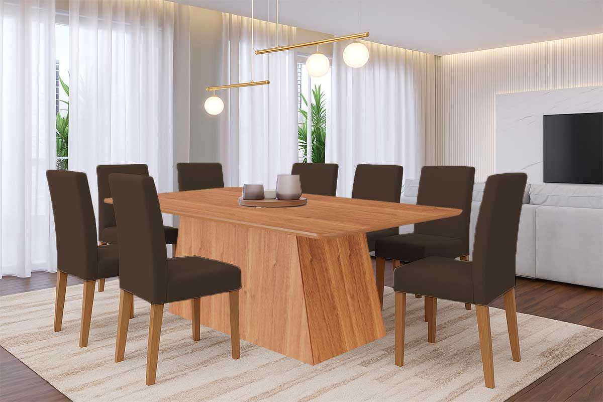 Sala Jantar Mesa Helena Tampo Madeirado 210x100cm e 8 Cadeiras Maia - Cimol