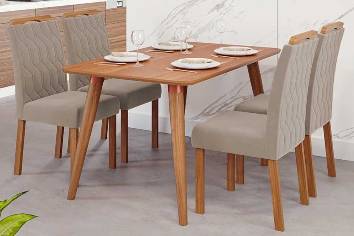 Sala Jantar Mesa Adele Tampo Madeirado 130x80cm e 4 Cadeiras Paola - Cimol