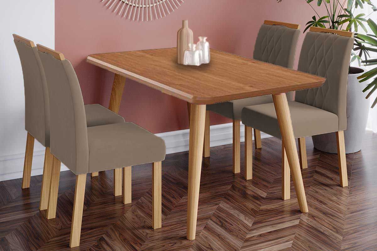 Sala Jantar Mesa Adele Tampo Madeirado 130x80cm e 4 Cadeiras Juliana - Cimol