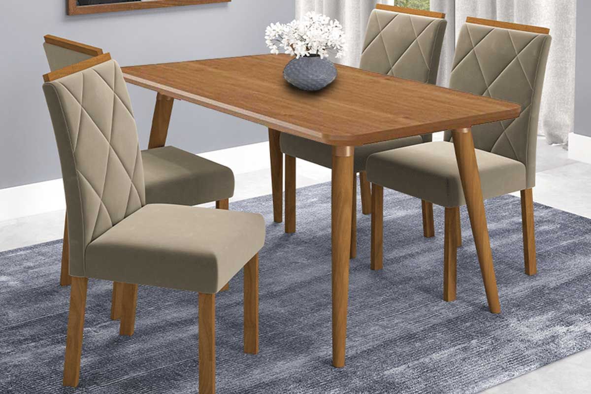 Sala Jantar Mesa Adele Tampo Madeirado 130x80cm e 4 Cadeiras Fernanda - Cimol