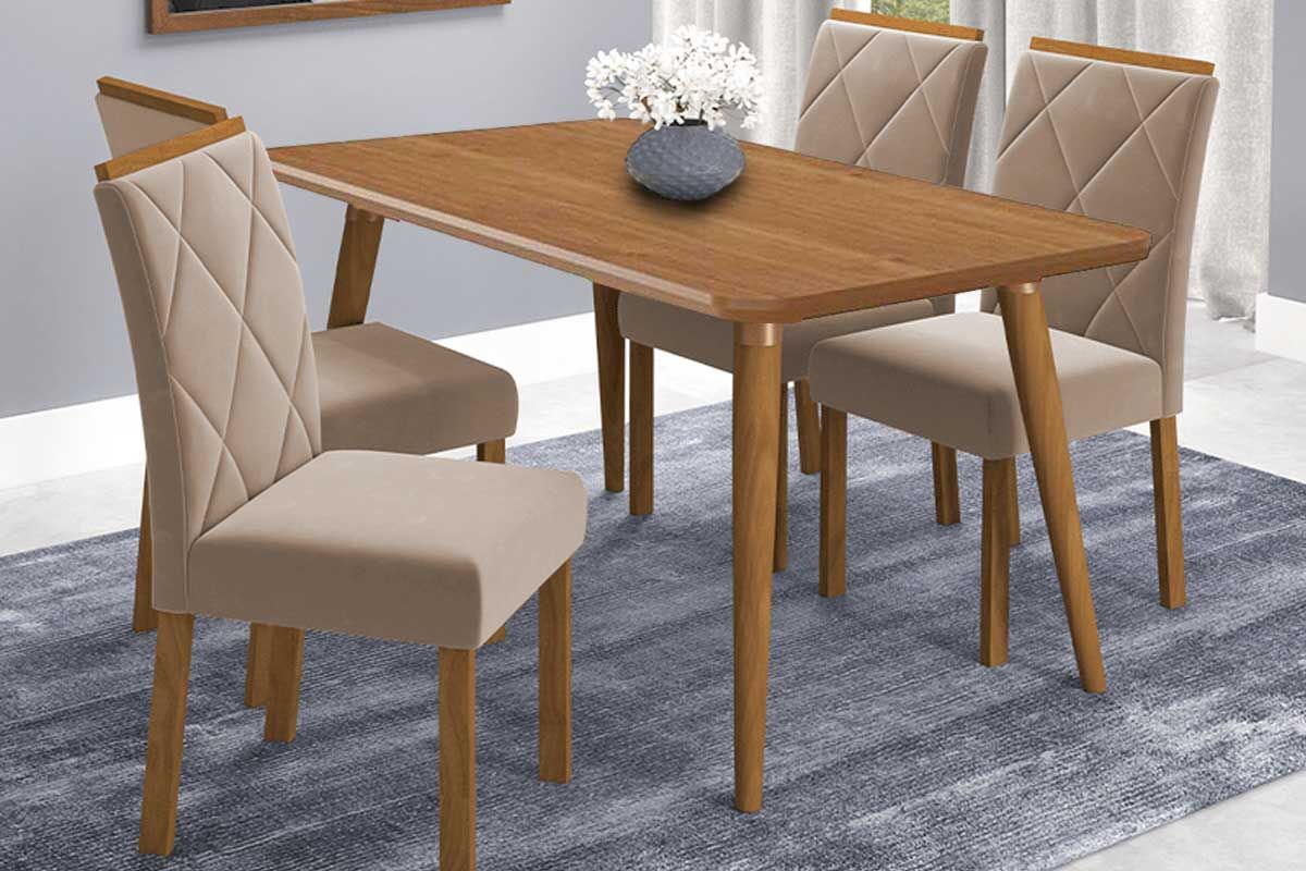 Sala Jantar Mesa Adele Tampo Madeirado 130x80cm e 4 Cadeiras Fernanda - Cimol