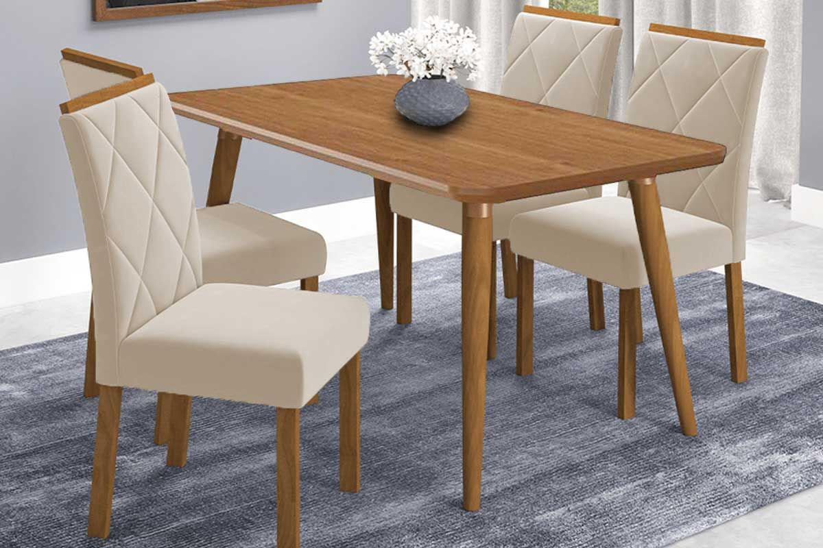 Sala Jantar Mesa Adele Tampo Madeirado 130x80cm e 4 Cadeiras Fernanda - Cimol