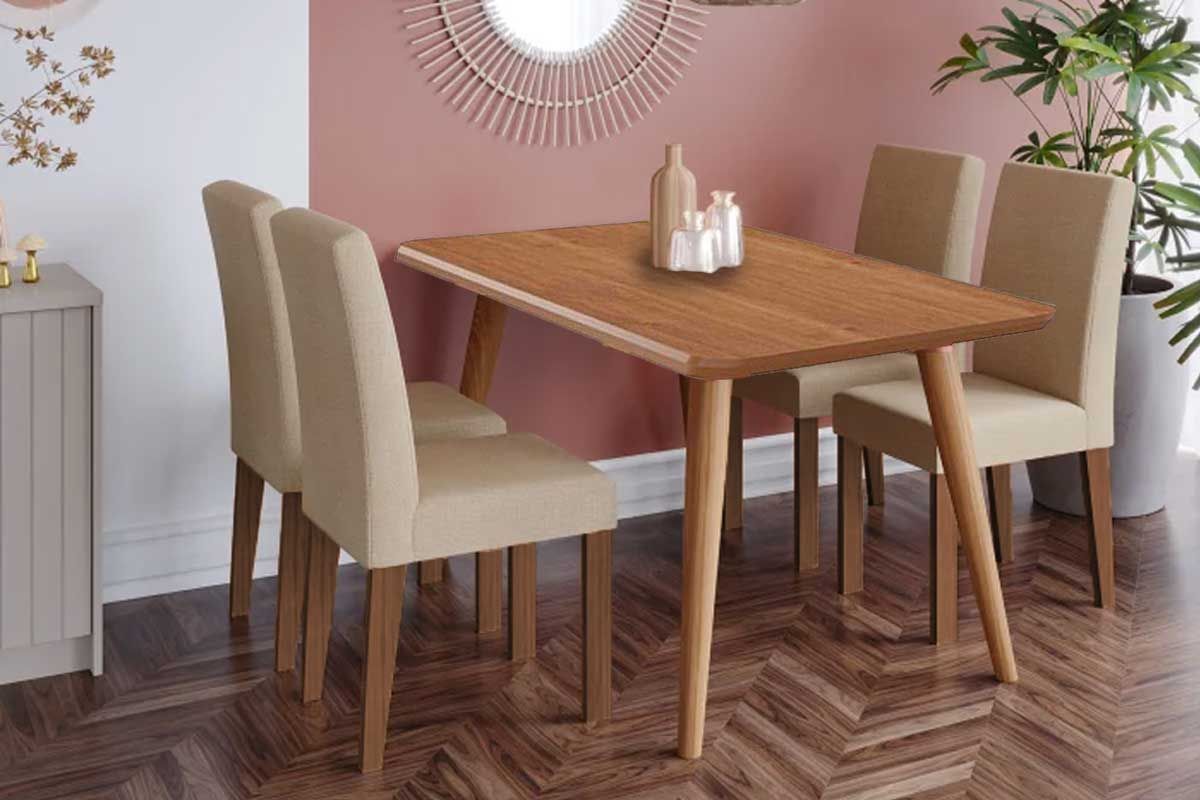 Sala Jantar Mesa Adele Tampo Madeirado 130x80cm e 4 Cadeiras Maia - Cimol