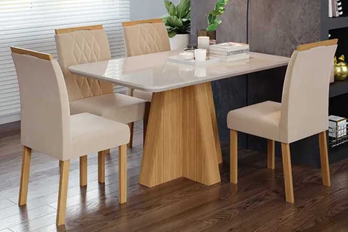 Sala Jantar Mesa Maitê Tampo Madeirado c/ Vidro 130x80cm e 4 Cadeiras Juliana - Cimol