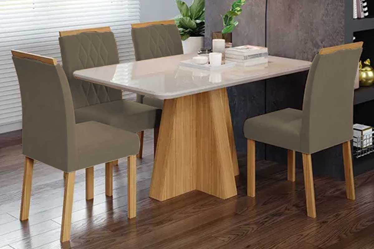 Sala Jantar Mesa Maitê Tampo Madeirado c/ Vidro 130x80cm e 4 Cadeiras Juliana - Cimol