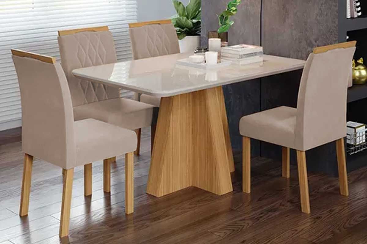 Sala Jantar Mesa Maitê Tampo Madeirado c/ Vidro 130x80cm e 4 Cadeiras Juliana - Cimol