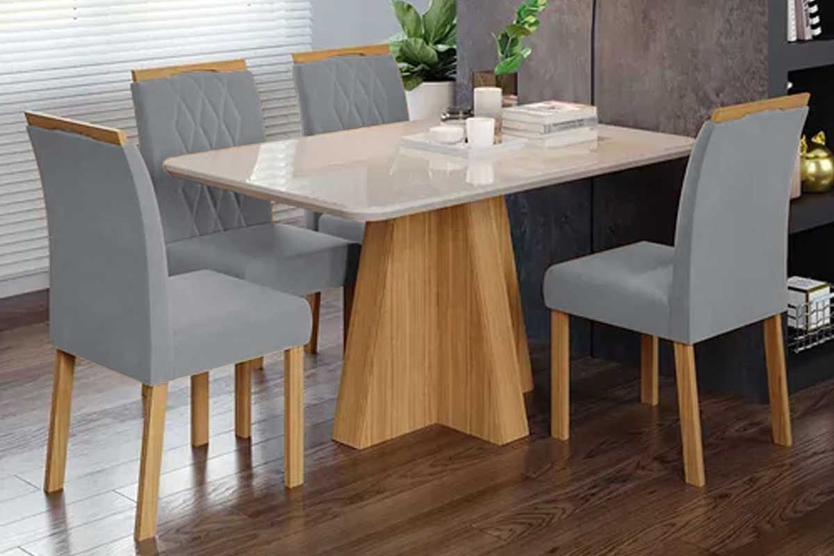 Sala Jantar Mesa Maitê Tampo Madeirado c/ Vidro 130x80cm e 4 Cadeiras Juliana - Cimol