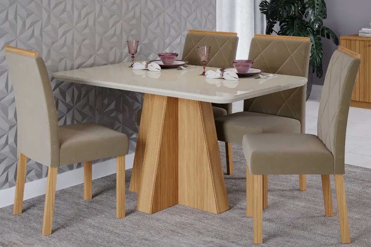 Sala Jantar Mesa Maitê Tampo Madeirado c/ Vidro 130x80cm e 4 Cadeiras Fernanda - Cimol