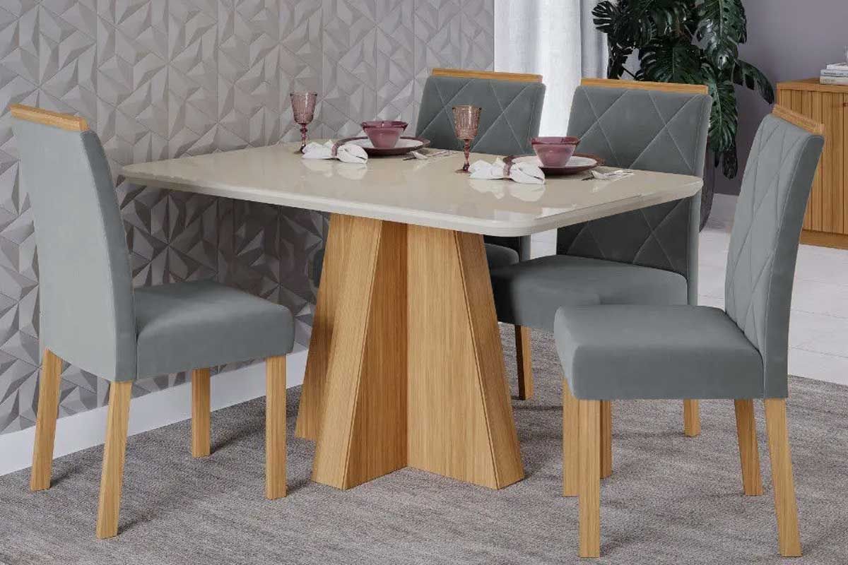 Sala Jantar Mesa Maitê Tampo Madeirado c/ Vidro 130x80cm e 4 Cadeiras Fernanda - Cimol