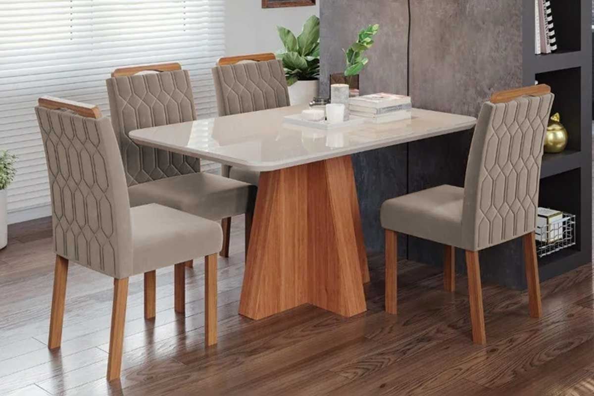 Sala Jantar Mesa Maitê Tampo Madeirado c/ Vidro 130x80cm e 4 Cadeiras Paola - Cimol