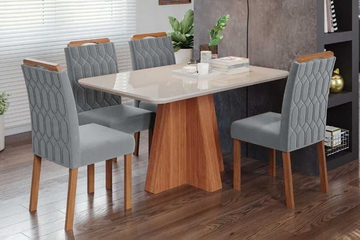 Sala Jantar Mesa Maitê Tampo Madeirado c/ Vidro 130x80cm e 4 Cadeiras Paola - Cimol