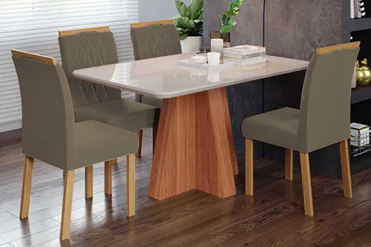Sala Jantar Mesa Maitê Tampo Madeirado c/ Vidro 130x80cm e 4 Cadeiras Juliana - Cimol