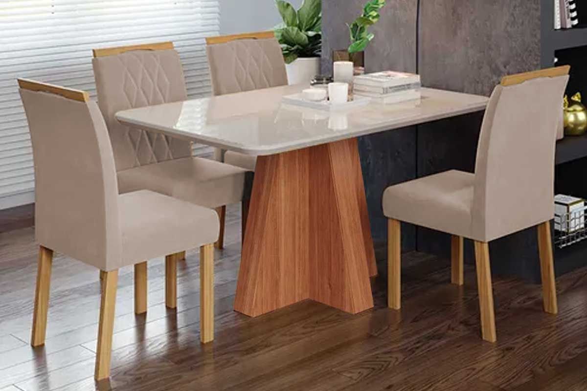 Sala Jantar Mesa Maitê Tampo Madeirado c/ Vidro 130x80cm e 4 Cadeiras Juliana - Cimol