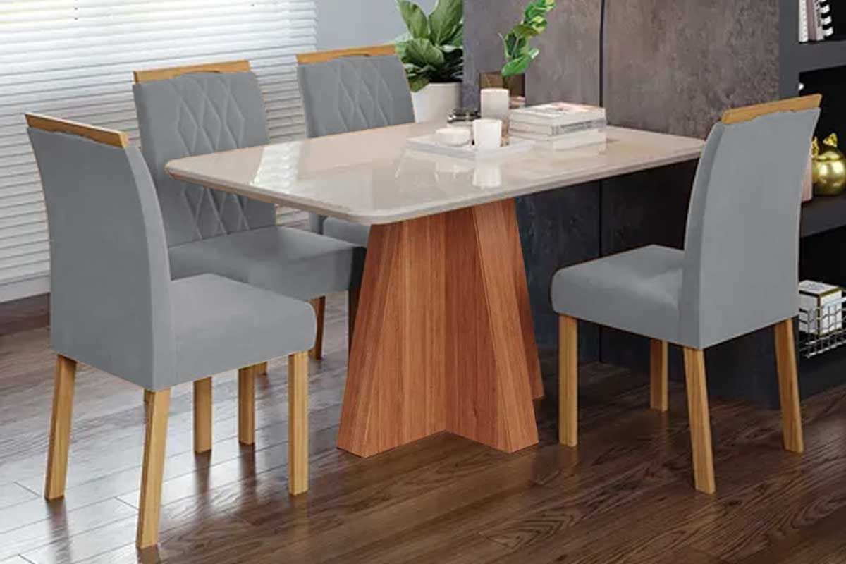 Sala Jantar Mesa Maitê Tampo Madeirado c/ Vidro 130x80cm e 4 Cadeiras Juliana - Cimol