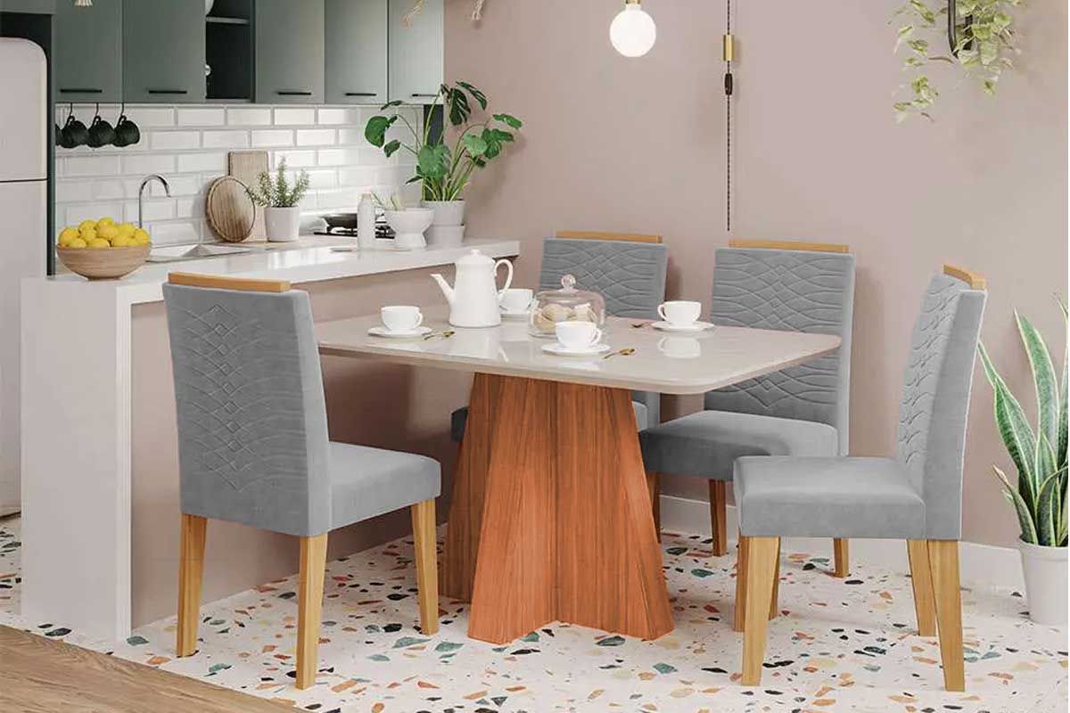Sala Jantar Mesa Maitê Tampo Madeirado c/ Vidro 130x80cm e 4 Cadeiras Clarice - Cimol