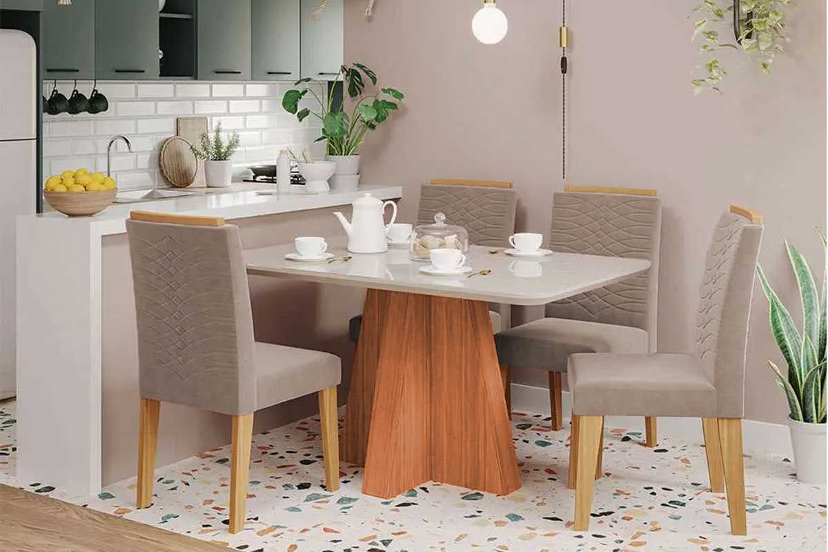 Sala Jantar Mesa Maitê Tampo Madeirado c/ Vidro 130x80cm e 4 Cadeiras Clarice - Cimol