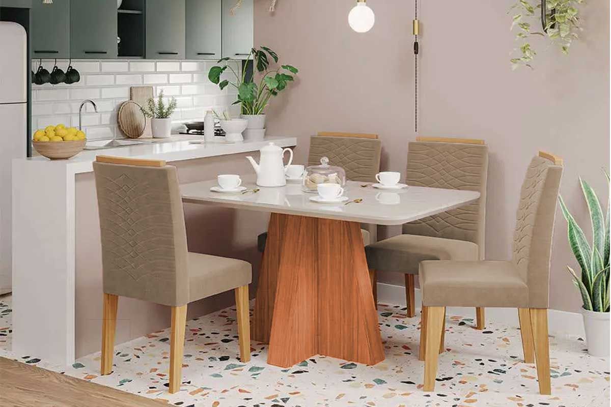 Sala Jantar Mesa Maitê Tampo Madeirado c/ Vidro 130x80cm e 4 Cadeiras Clarice - Cimol