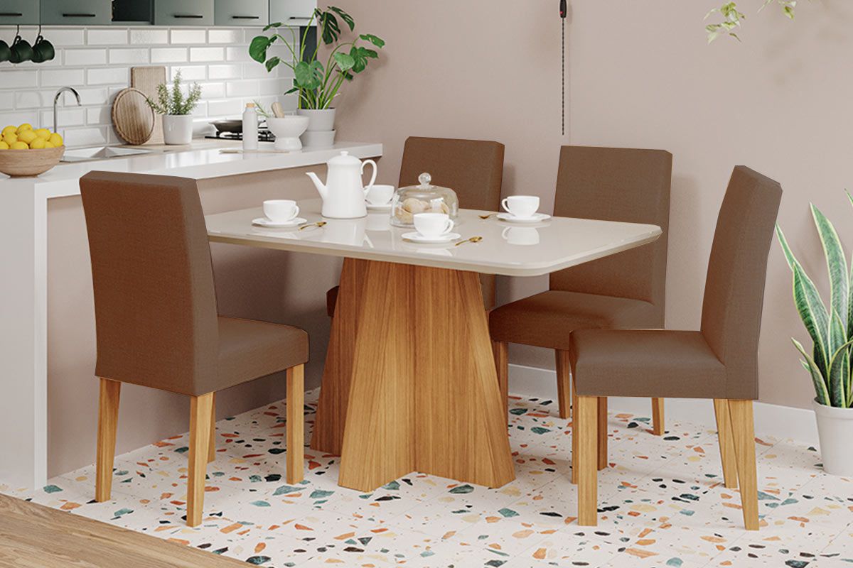 Sala Jantar Mesa Maitê Tampo Madeirado c/ Vidro 130x80cm e 4 Cadeiras Maia - Cimol