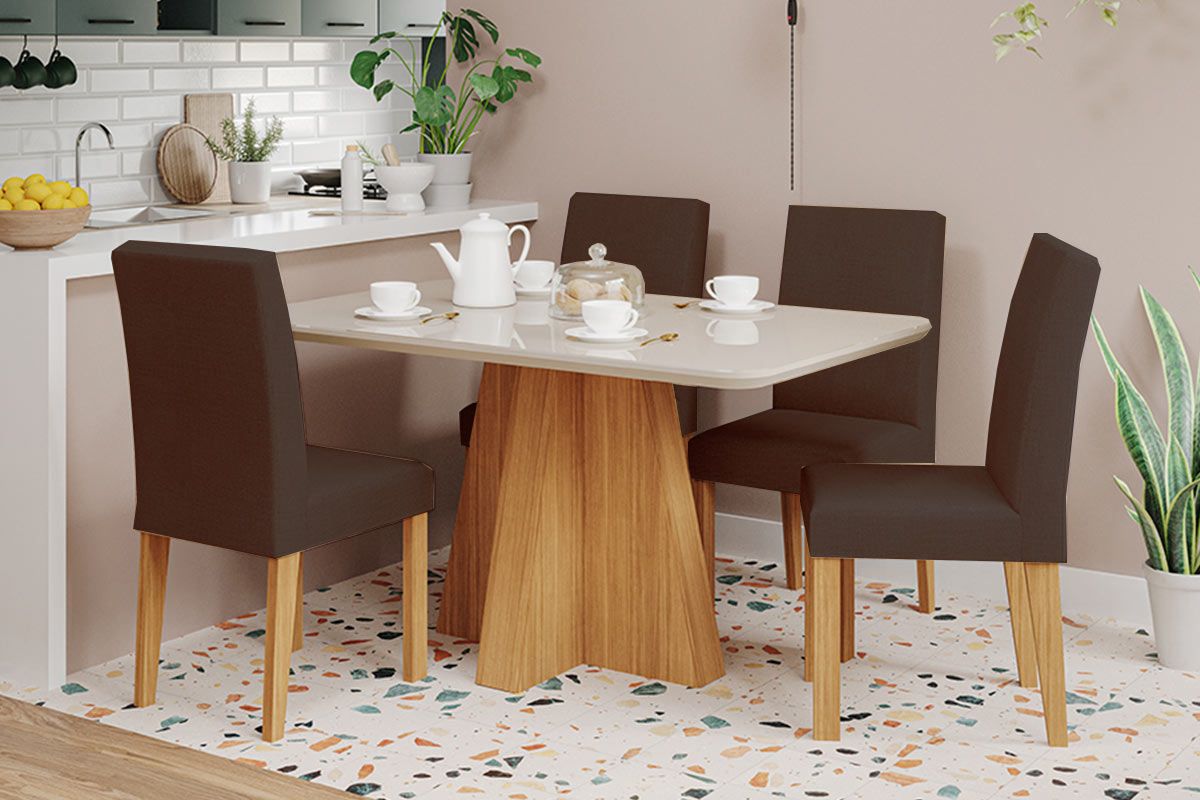 Sala Jantar Mesa Maitê Tampo Madeirado c/ Vidro 130x80cm e 4 Cadeiras Maia - Cimol