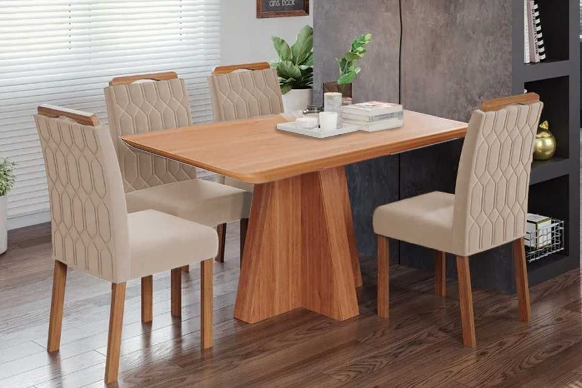 Sala Jantar Mesa Maitê Tampo Madeirado 130x80cm e 4 Cadeiras Paola - Cimol