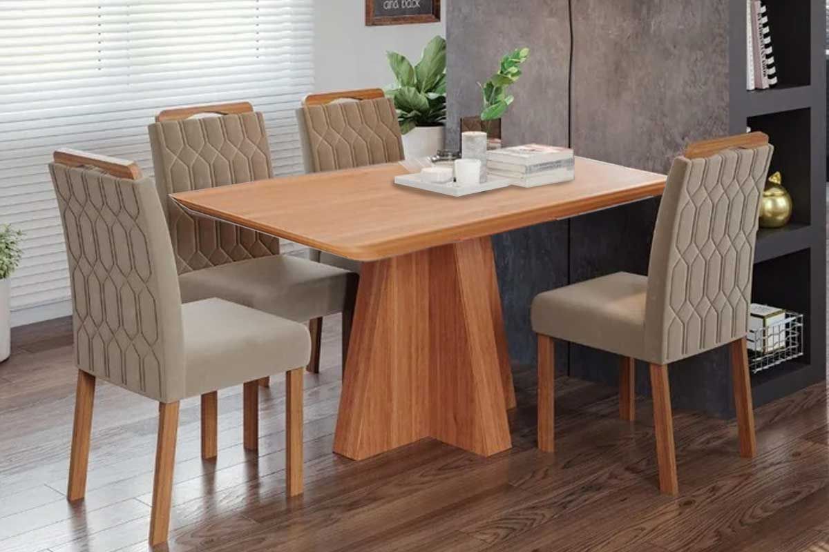 Sala Jantar Mesa Maitê Tampo Madeirado 130x80cm e 4 Cadeiras Paola - Cimol