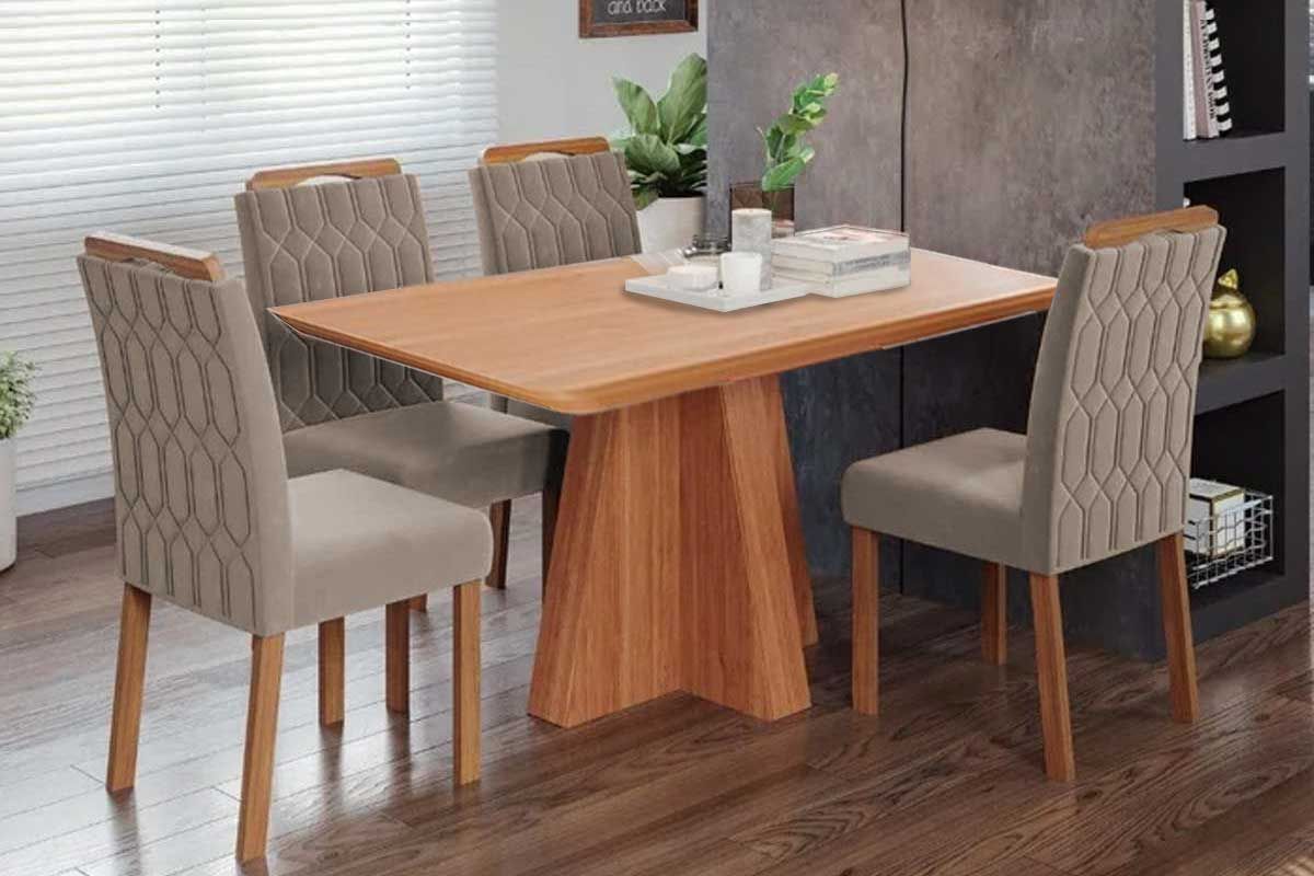 Sala Jantar Mesa Maitê Tampo Madeirado 130x80cm e 4 Cadeiras Paola - Cimol