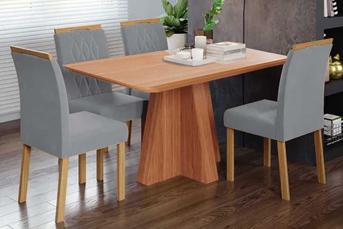 Sala Jantar Mesa Maitê Tampo Madeirado 130x80cm e 4 Cadeiras Juliana - Cimol