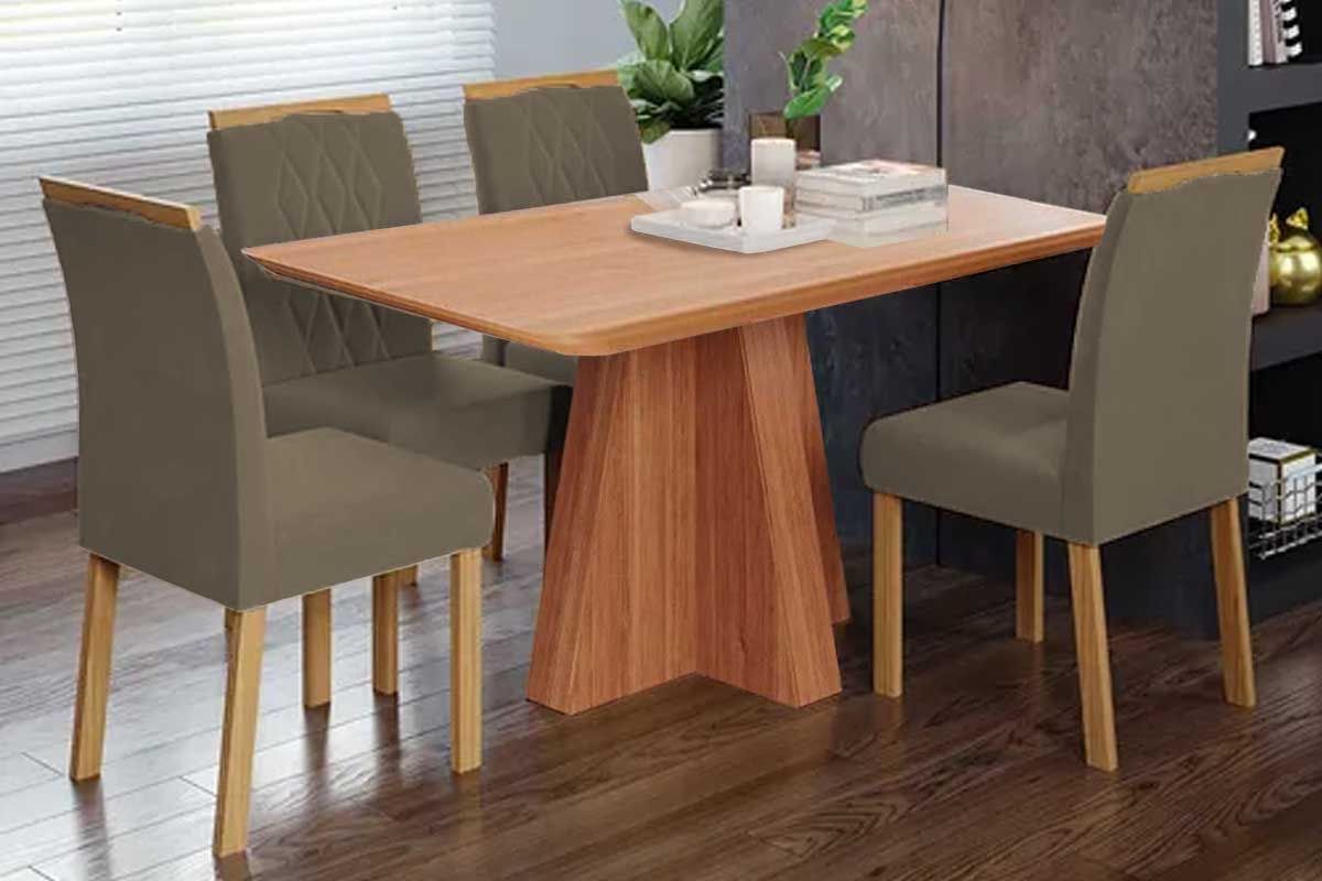 Sala Jantar Mesa Maitê Tampo Madeirado 130x80cm e 4 Cadeiras Juliana - Cimol