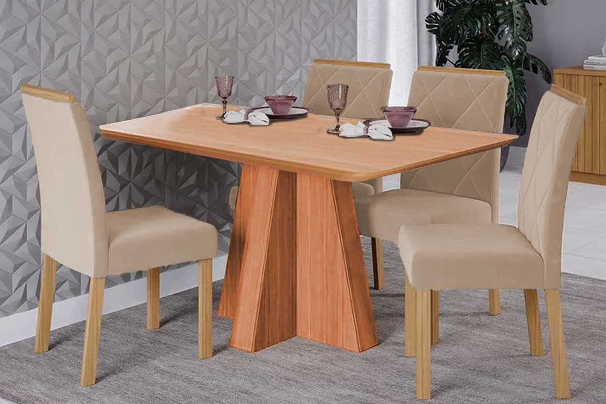 Sala Jantar Mesa Maitê Tampo Madeirado 130x80cm e 4 Cadeiras Fernanda - Cimol