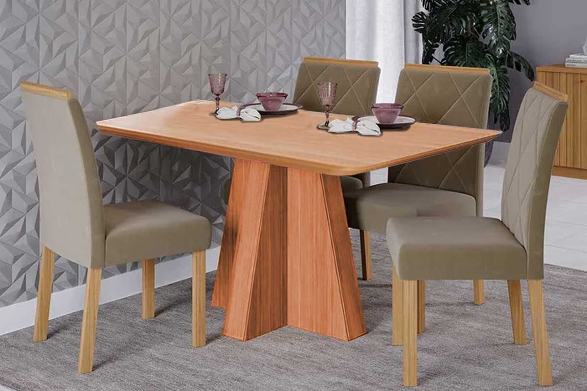 Sala Jantar Mesa Maitê Tampo Madeirado 130x80cm e 4 Cadeiras Fernanda - Cimol