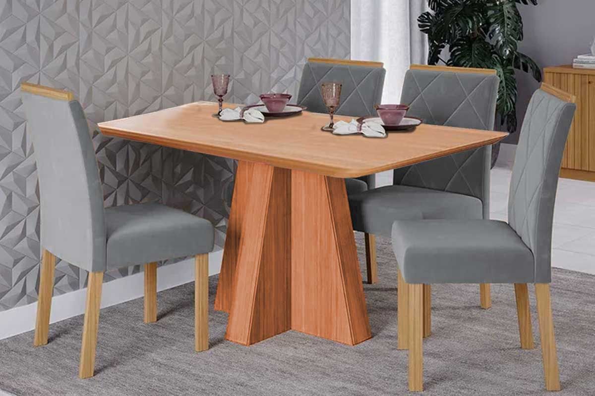 Sala Jantar Mesa Maitê Tampo Madeirado 130x80cm e 4 Cadeiras Fernanda - Cimol