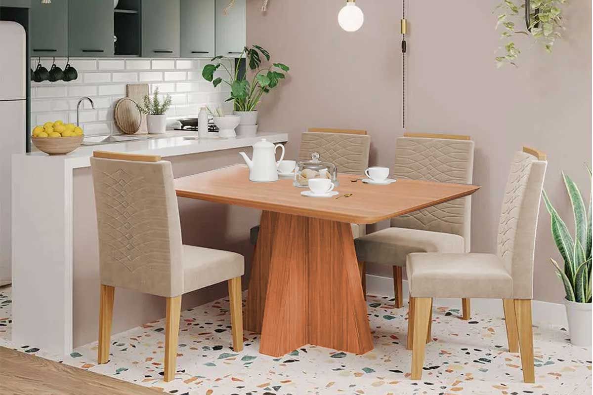 Sala Jantar Mesa Maitê Tampo Madeirado 130x80cm e 4 Cadeiras Clarice - Cimol