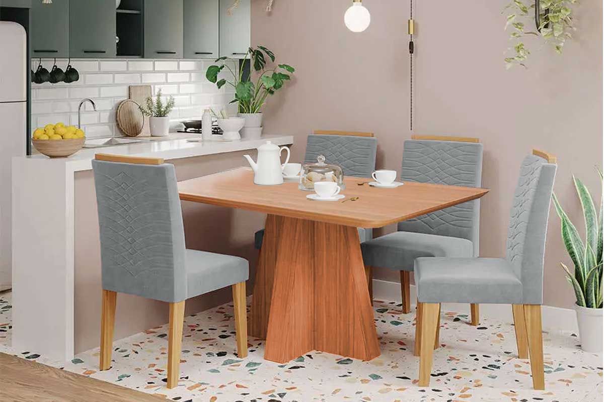 Sala Jantar Mesa Maitê Tampo Madeirado 130x80cm e 4 Cadeiras Clarice - Cimol