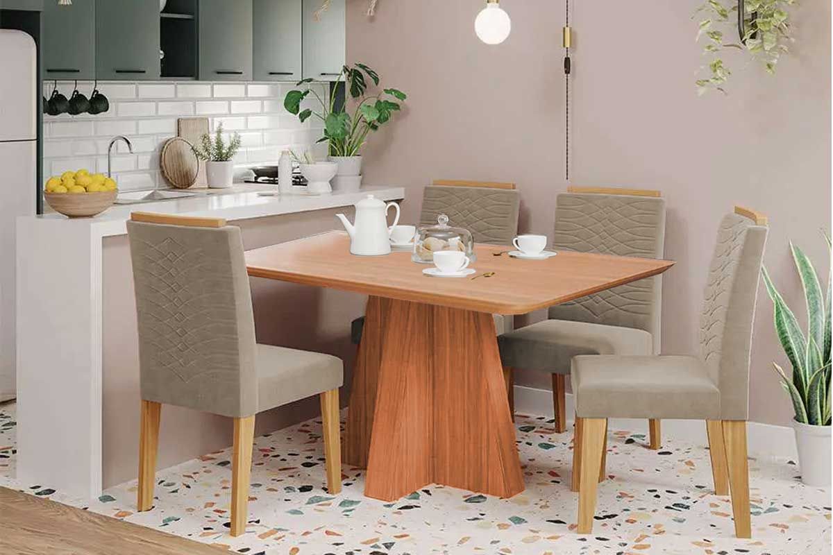 Sala Jantar Mesa Maitê Tampo Madeirado 130x80cm e 4 Cadeiras Clarice - Cimol